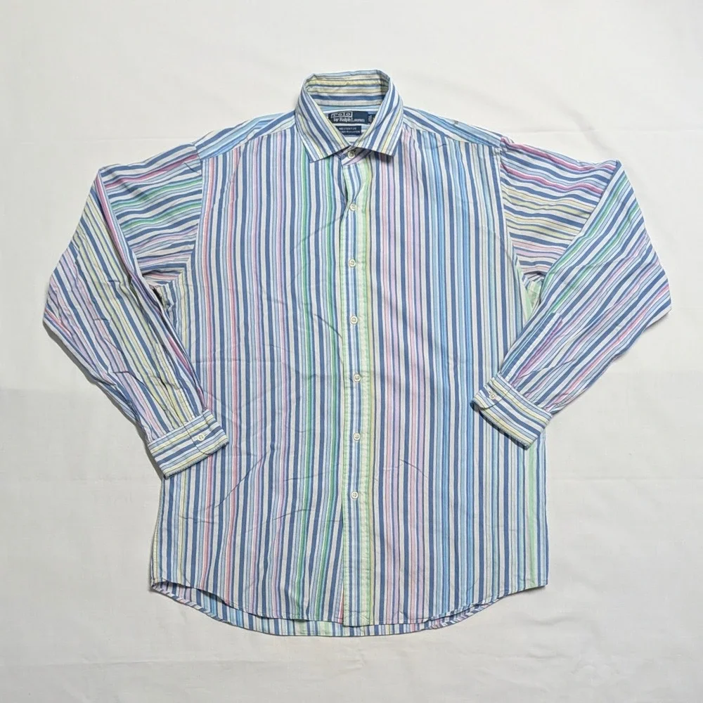 Polo Ralph Lauren Mens Multi Color Striped Cotton Button Down Shirt Large